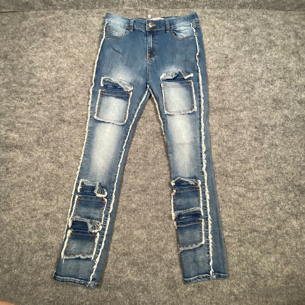 Denim & Rivets Womens Distressed Frayed Patch Pocket Skinny Jeans Blue Size 18